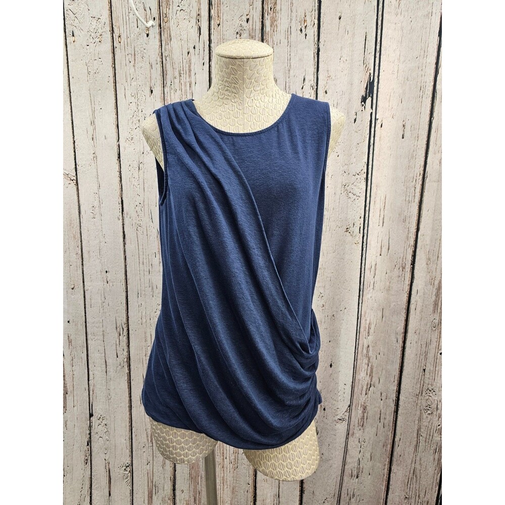 Lafayette 148 Navy Asymmetrical Linen Blend Blouse Tank Top Shirt Women's L EUC